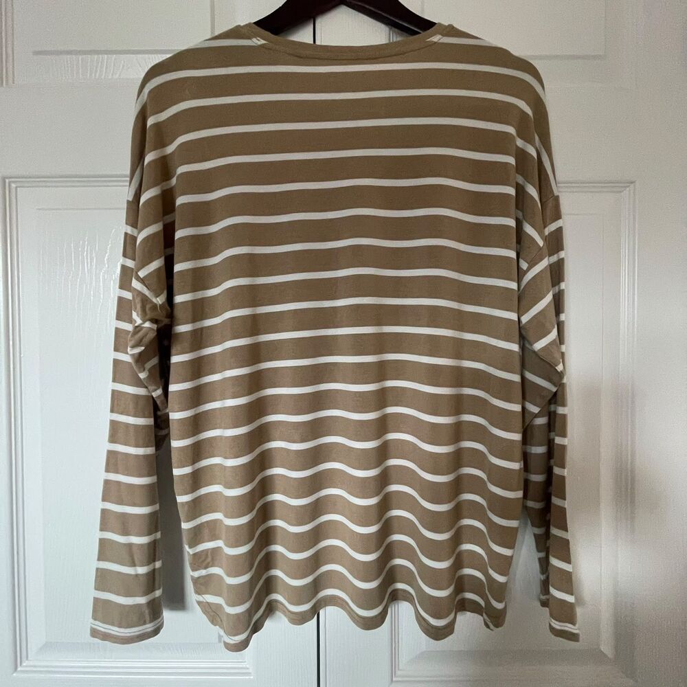 GAP Womens Tan White Striped Drop Shoulder Long Sleeve Crewneck Top Shirt L - Picture 3 of 8